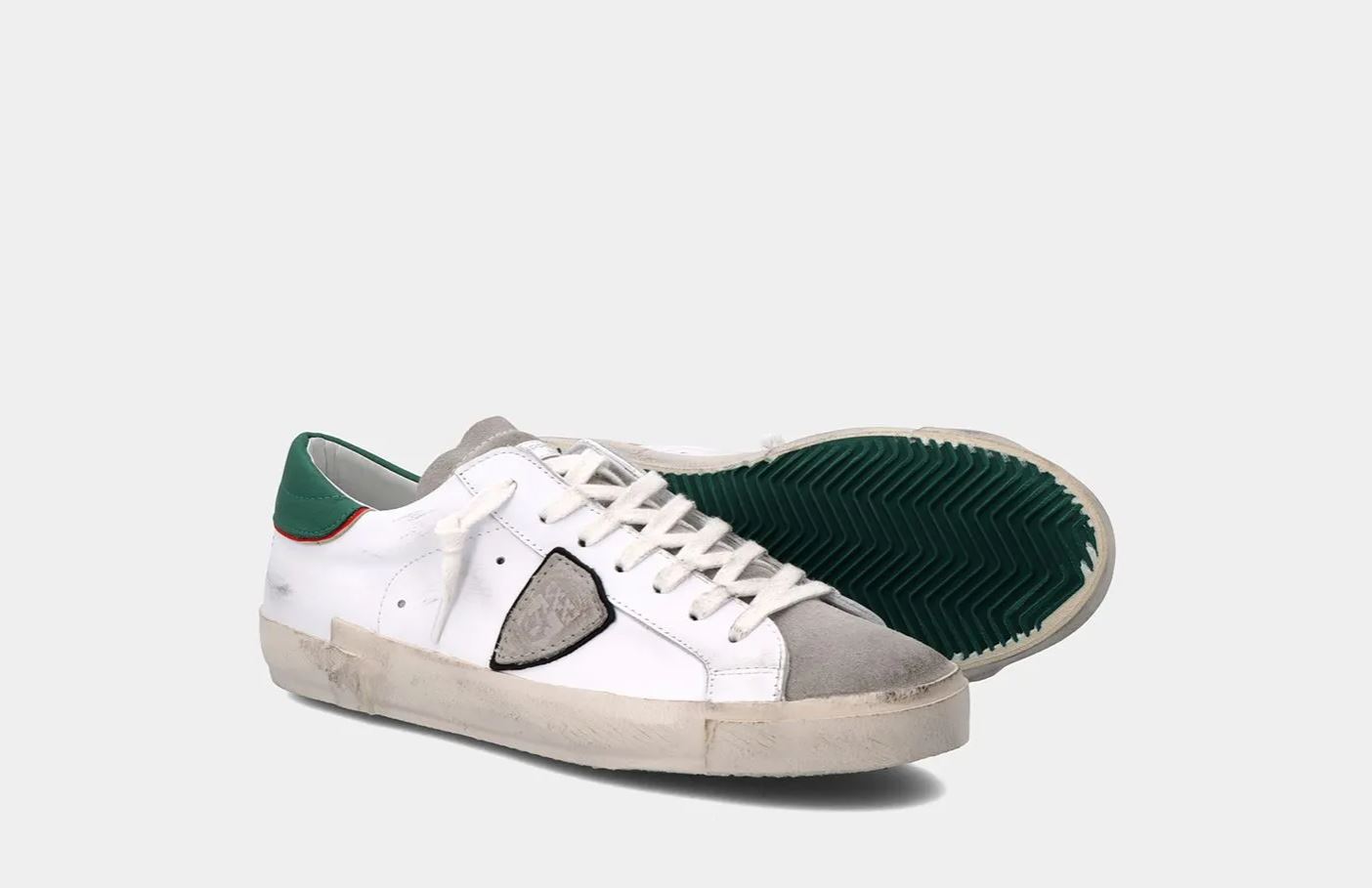 PHILIPPE MODEL Sneakers Uomo PRSX LOW MAN PRLU VV01 Veau Vintage Blanc Vert (2)