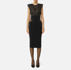 ELISABETTA FRANCHI Abito in crepe leggero e tulle con ricami cocco AB83457E2 Nero