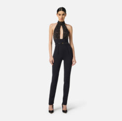 ELISABETTA FRANCHI Tuta in tulle e crepe con ricami cocco TU06257E2 Nero