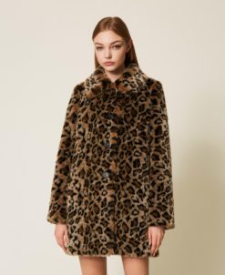 TWINSET Cappotto in faux fur animalier 252TP2110 Jacquard Animalier Nero Coffee