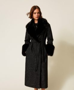 TWINSET Cappotto lungo in panno con faux fur Sale e Pepe  252TT2040 Nero Silver