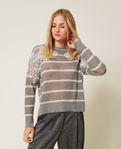 TWINSET Maglia in misto mohair con pizzo e spacchi 252TP3252 Grigio Neve