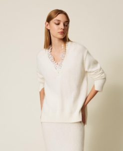 TWINSET Maglia Donna in misto angora con pizzo 252TT3380 Neve